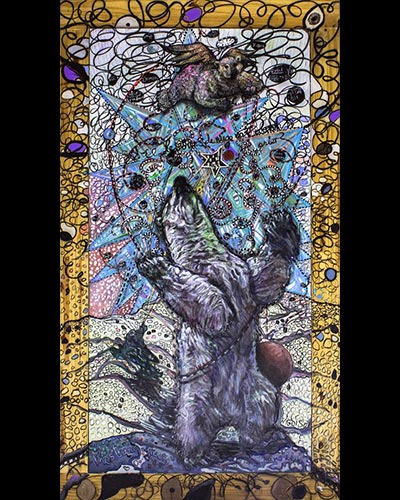 ALICE IN SPACE TIME SEEKING THE STRINGTHEORY (MED NØKKEN)! - acrylique & vernis 