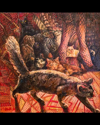 CATS IN MY LIBRARY - huile sur acrylique & vernis 