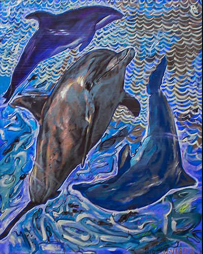 DAUPHINS BLEUS, L'AMI DE L'HOMME - acrylique & vernis  