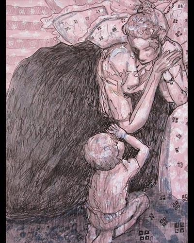 Marie France et Edouard - acrylique & vernis  & feutre sur papier rose